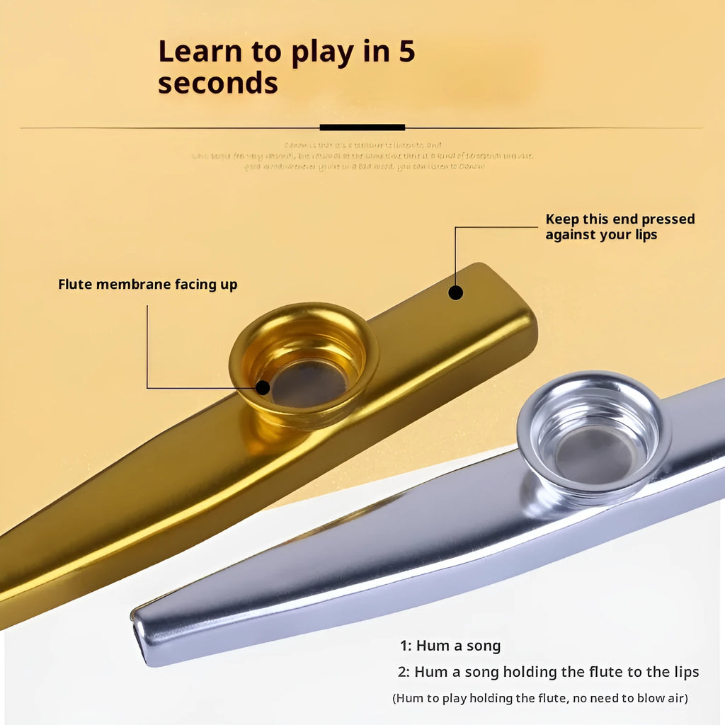 Metal kazoo for beginners with colour option Holy Silver finish on white background