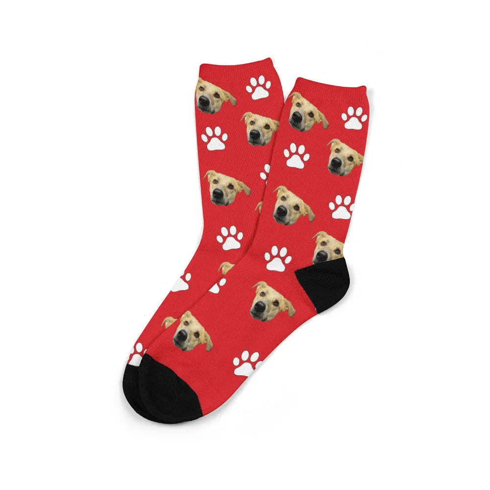 Custom personalised photo socks with mid-calf length and printed designs on polyester fabric