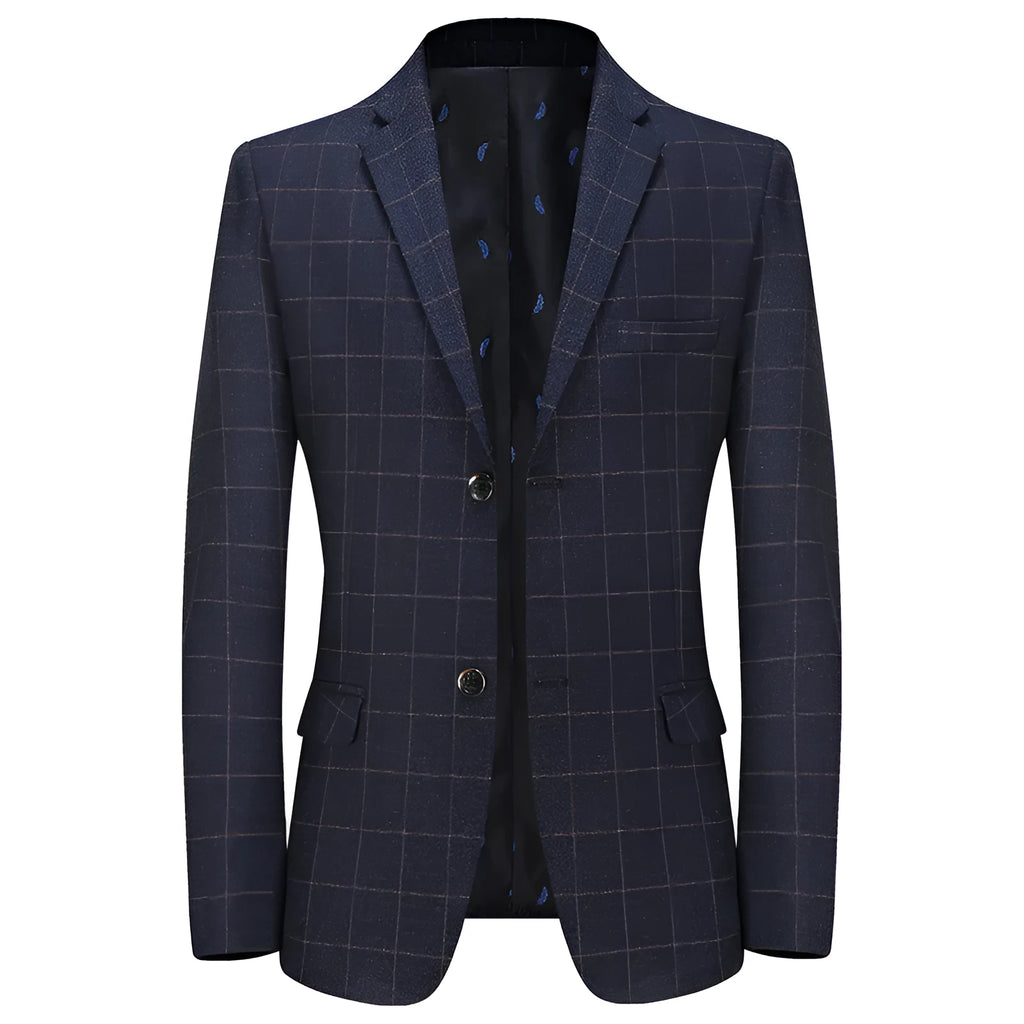 Men's plaid leisure suit coat, loose fit, dimensional patch pocket, long sleeves, blue colour, front view