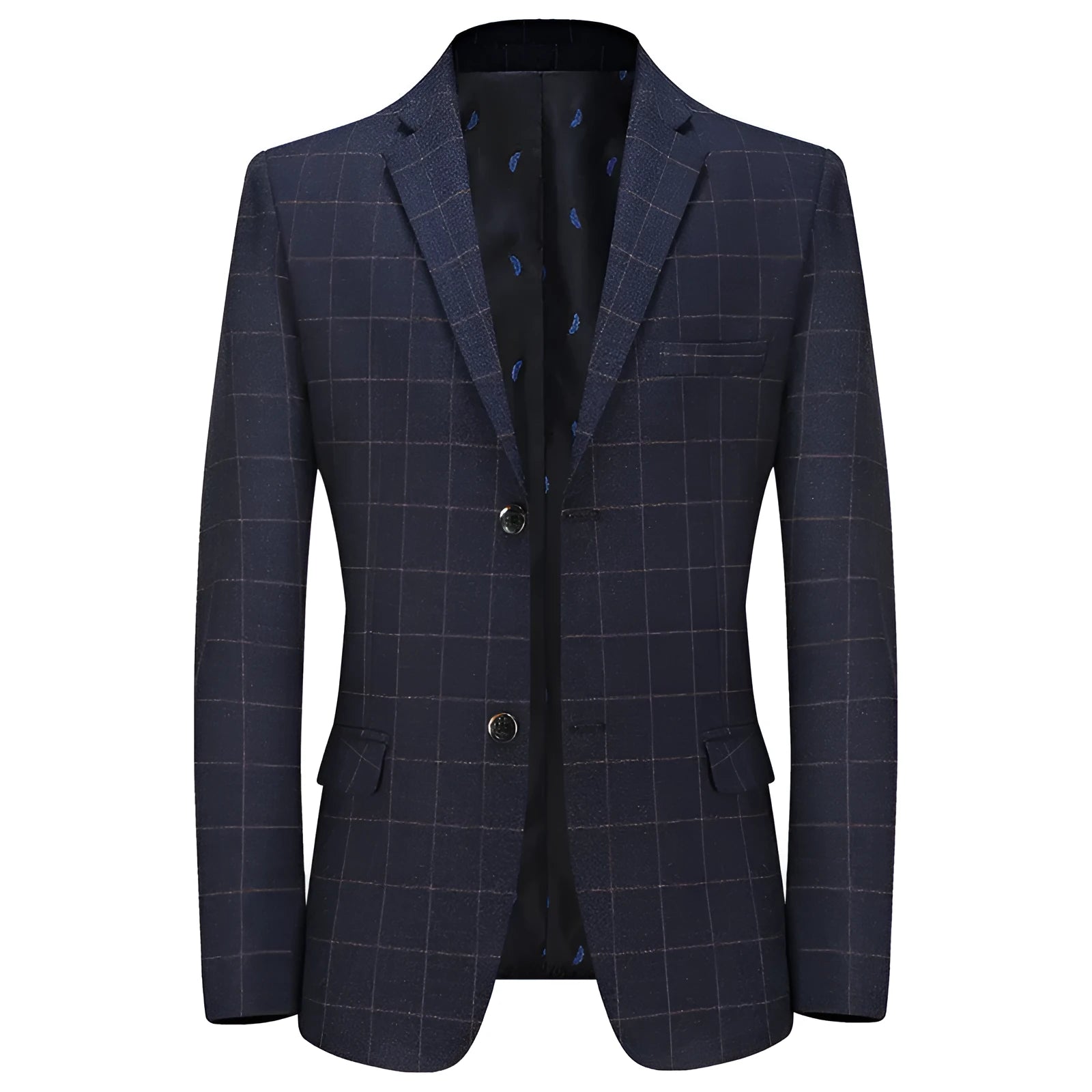 Men's plaid leisure suit coat, loose fit, dimensional patch pocket, long sleeves, blue colour, front view