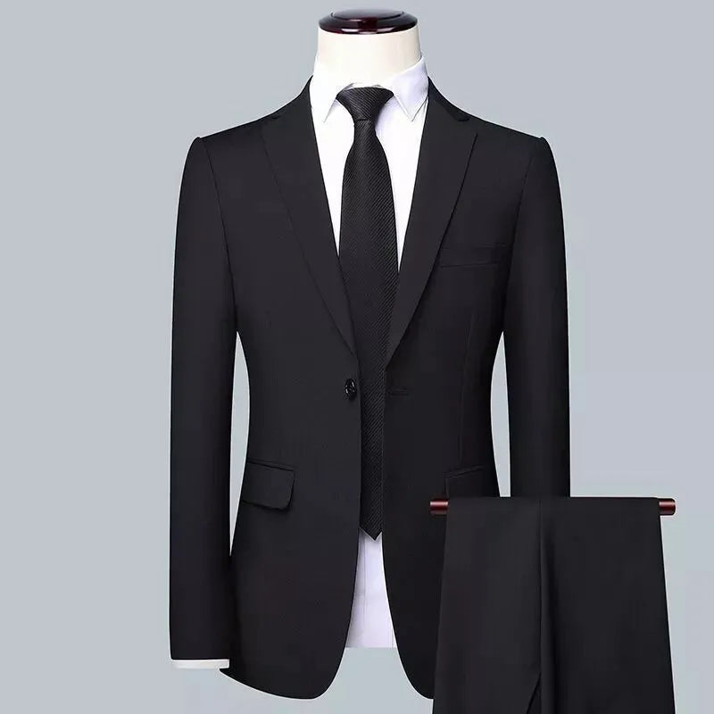Men's three-piece business suit set in Korean slim fit style with trousers and matching tie