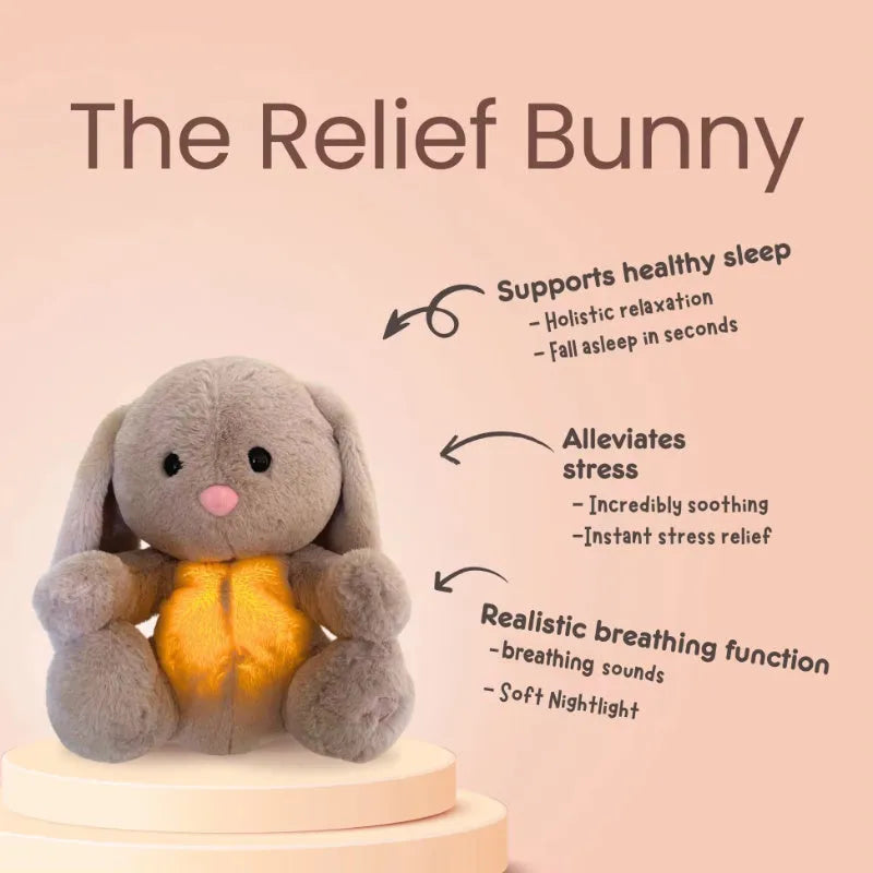 Breathing rabbit plush toy with moving belly and calming features for baby sensory development
