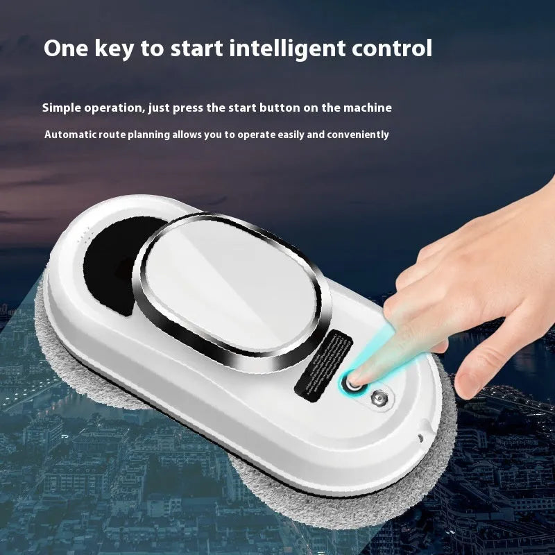 White full-automatic high altitude window cleaning machine with remote control on a windowsill.