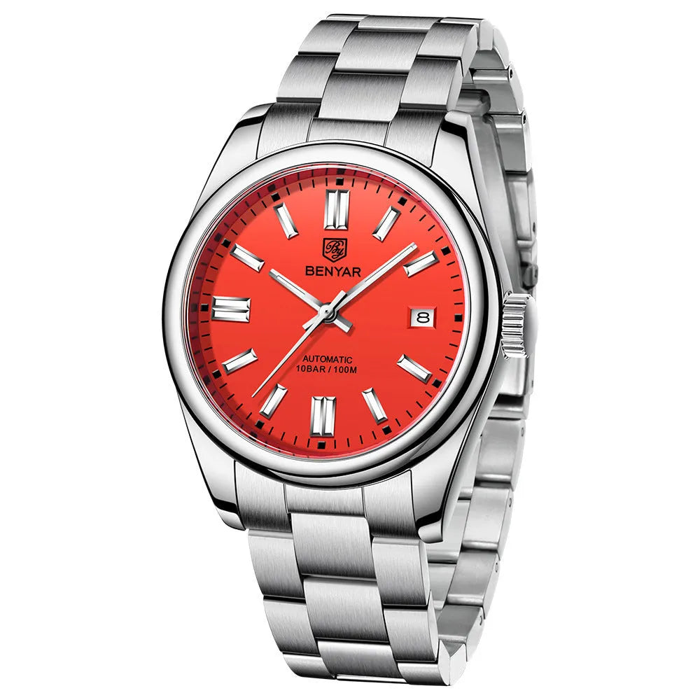 Men's automatic mechanical watch with 39mm round dial, stainless steel strap, and black dial face on white background