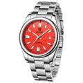 Men's automatic mechanical watch with 39mm round dial, stainless steel strap, and black dial face on white background