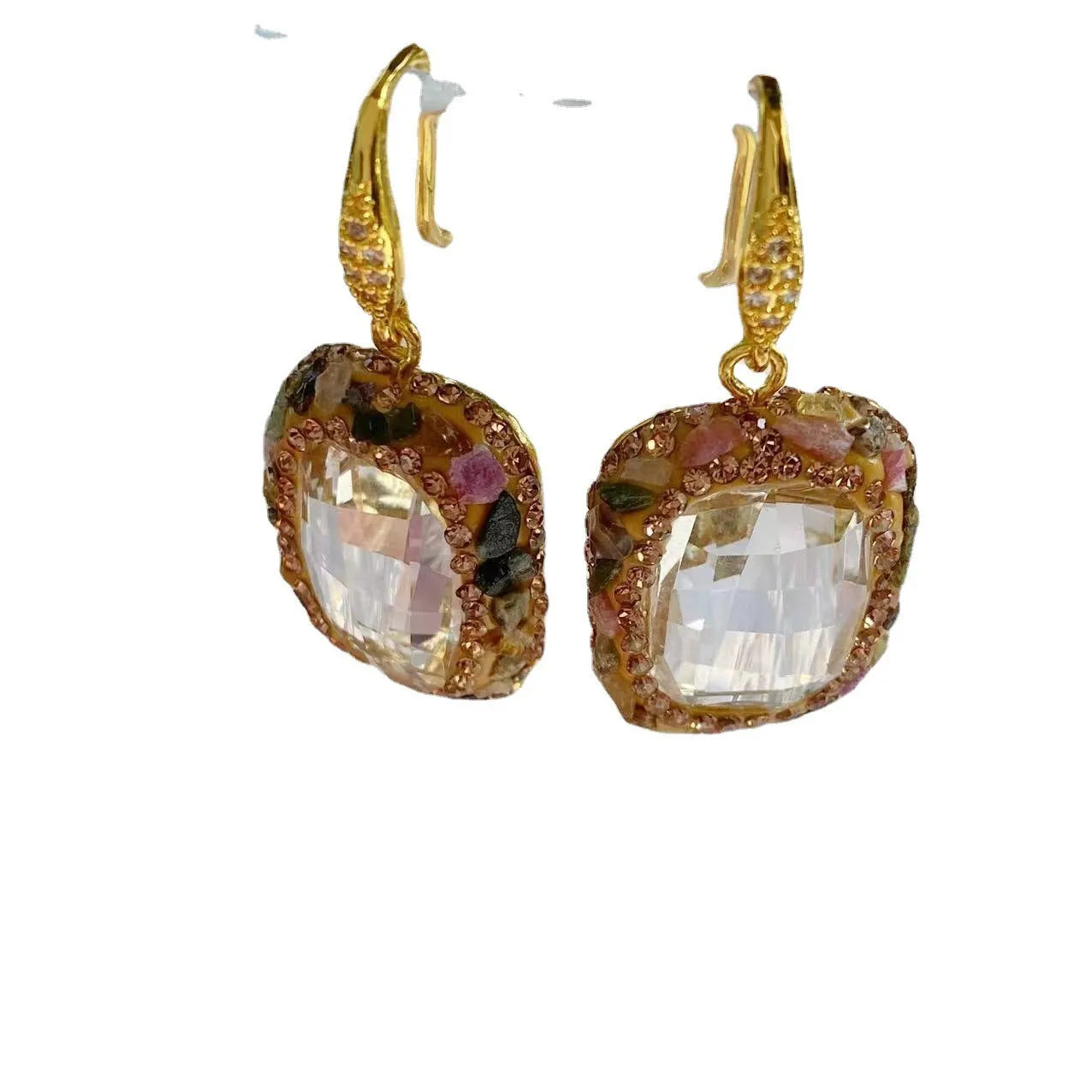 Crystal personality yet elegant earrings for women, geometric alloy with pure natural stone row drilling, stud and hook styles