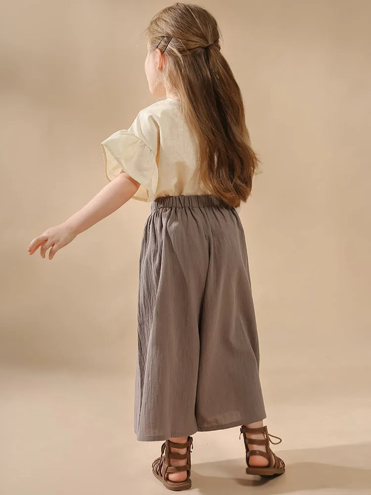 Retro high waist wide leg cropped gray cotton pants for girls