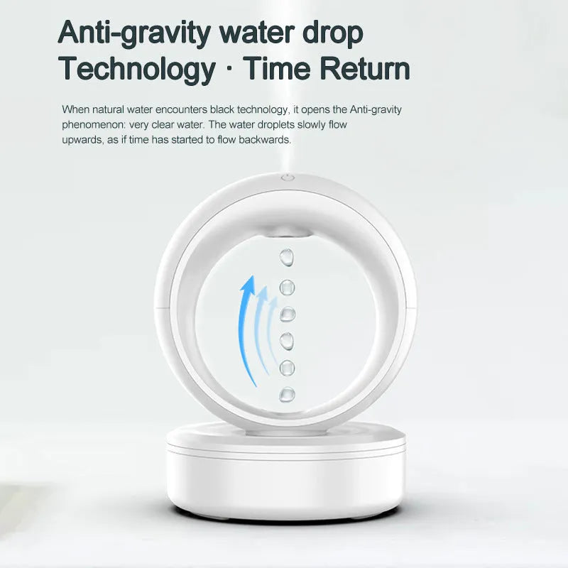 White round anti-gravity humidifier showing optical illusion of levitating water droplets on a desk.