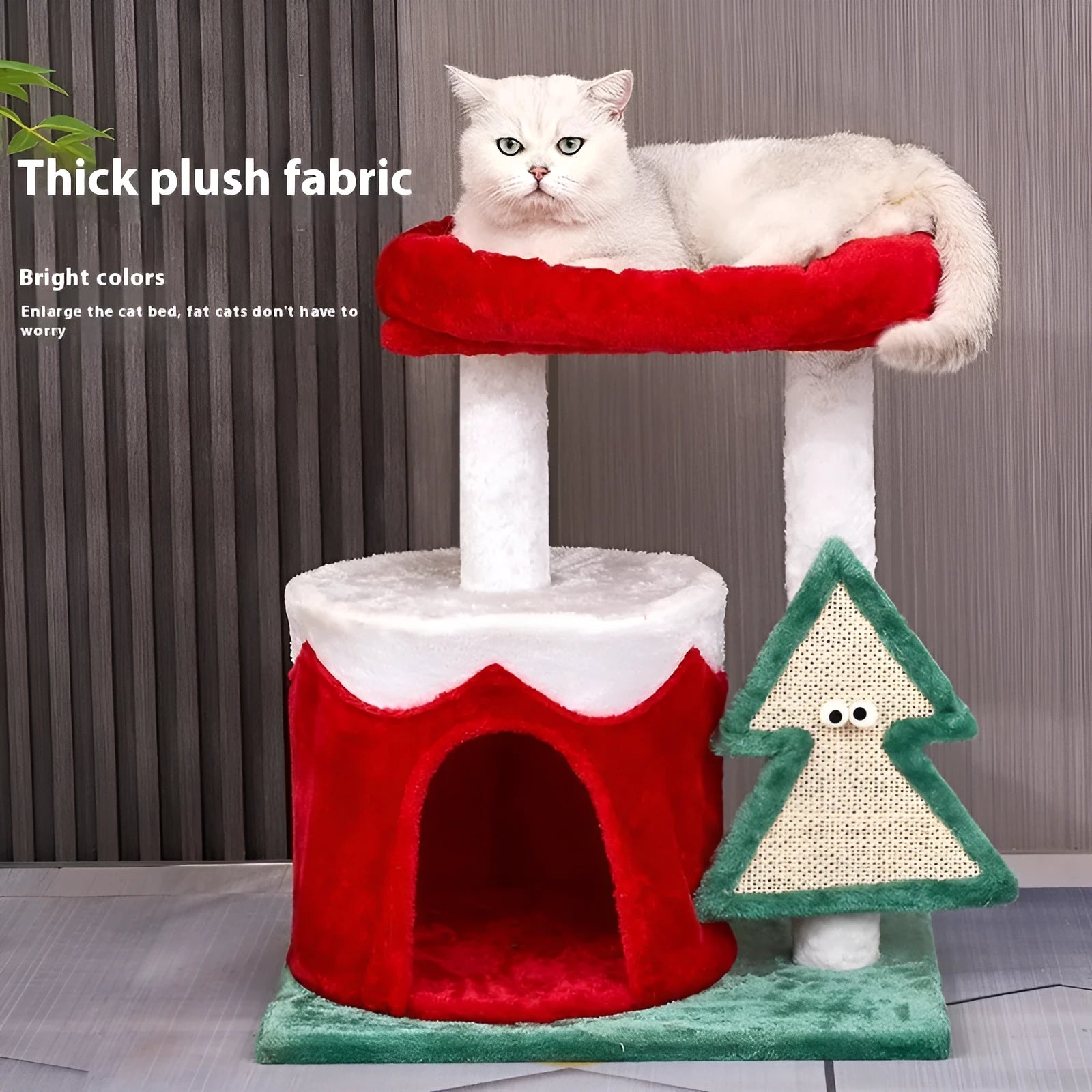 Cat scratching post with integrated toy in Christmas colours made from density plate