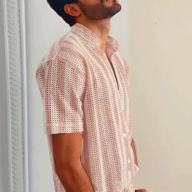 Men's pink waffle-textured summer shirt with short sleeves and cardigan style