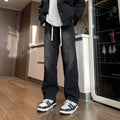 Straight leg men's trousers in denim cotton with drawstring waist closure