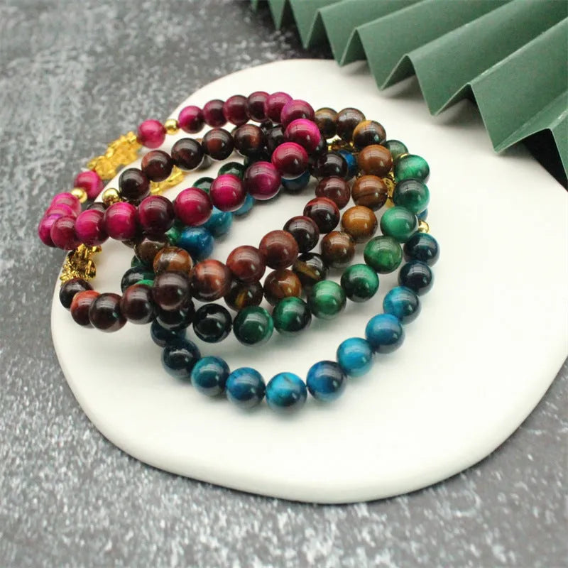 Natural agate tigereye Pi Xiu bracelet, unisex beaded design with electroplated alloy, six colour options