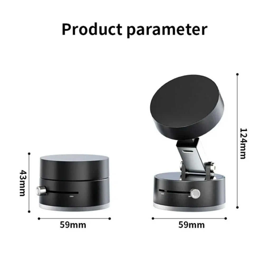 Black magnetic car phone mount with vacuum suction cup and 360-degree rotation ball joint on dashboard