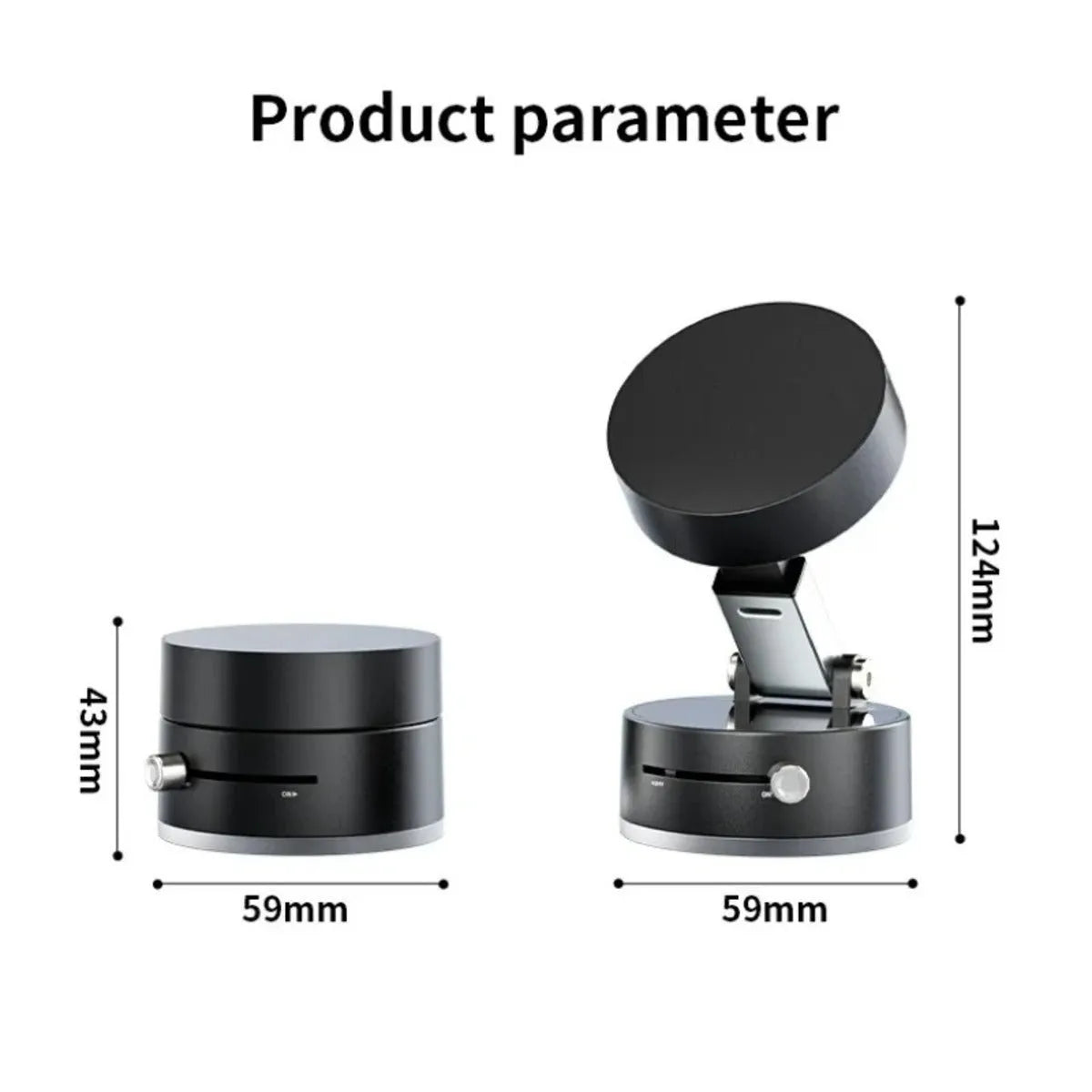 Black magnetic car phone mount with vacuum suction cup and 360-degree rotation ball joint on dashboard
