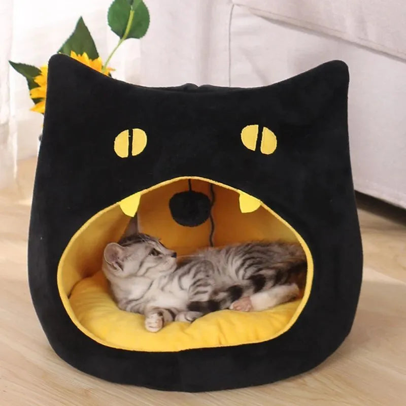 Grey cat shape pet bed with enclosed design and soft plush material