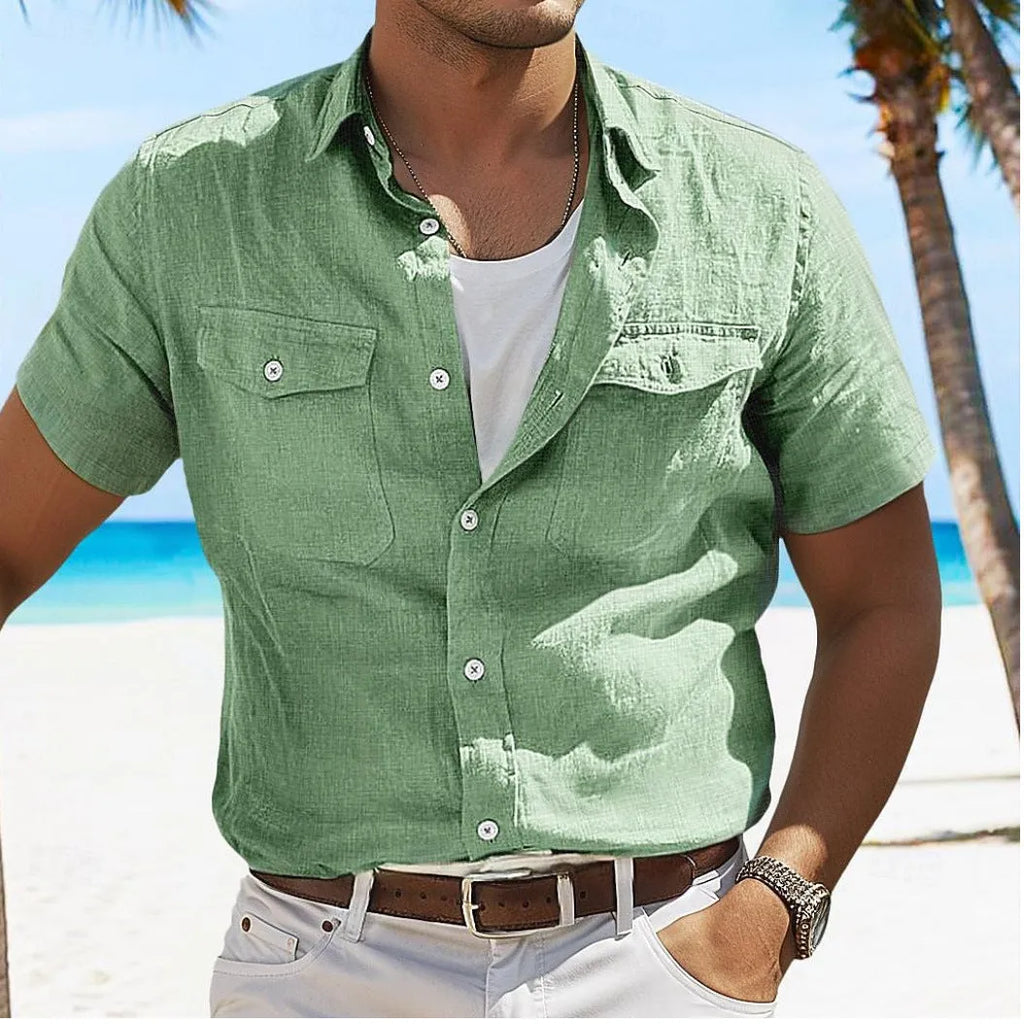 Men's loose fit linen summer shirt in cotton fabric with polo collar and long sleeves