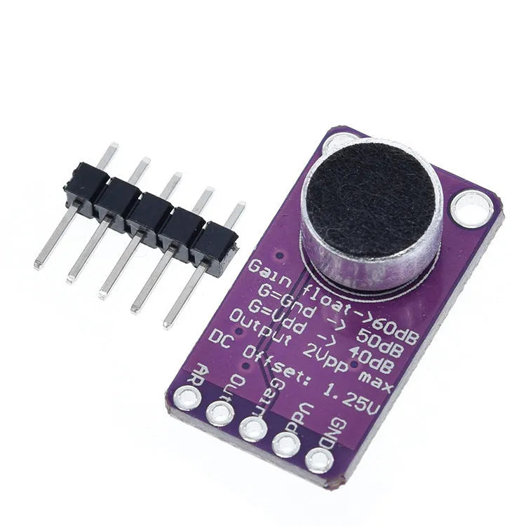 MAX9814 AGC amplifier module with electret condenser microphone CMA-4544PF-W on white background