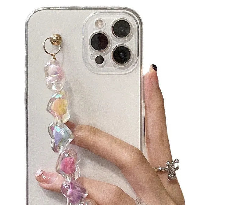 Transparent TPU iPhone case with handmade beaded candy chain and girly heart laser colour design on the back