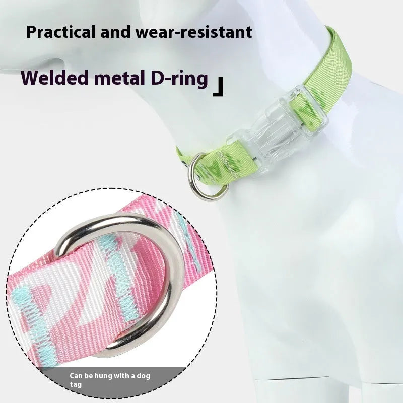 Adjustable nylon dog collar with cartoon gradient print and a black plastic quick-release buckle on a white background.