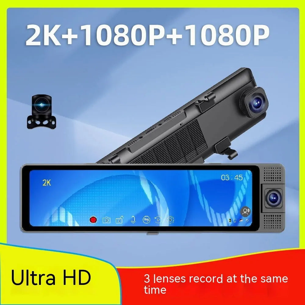 12-inch car dash cam with touch screen and rear reversing camera mounted in vehicle