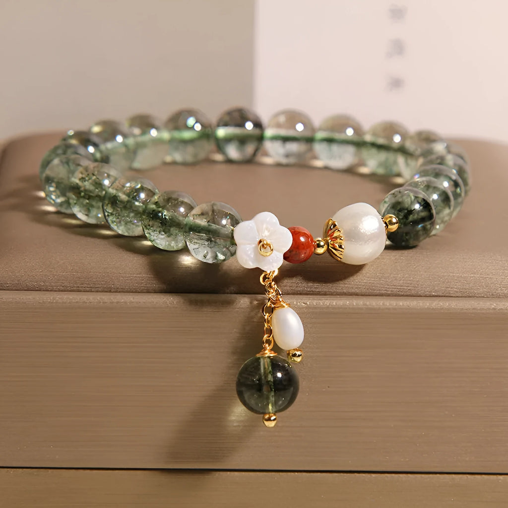 Green phantom quartz crystal women's bracelet with small shell flower charm in Japanese Korean style