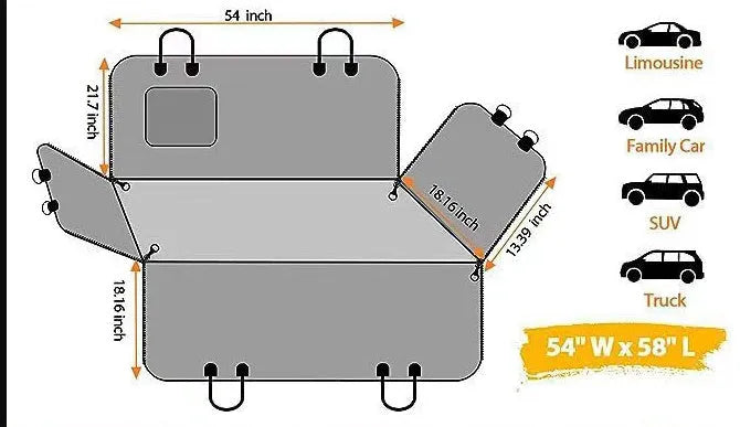 Orange pet car seat mat with pocket, 137x147cm, water and dirt resistant anti-bite cloth cover for dogs