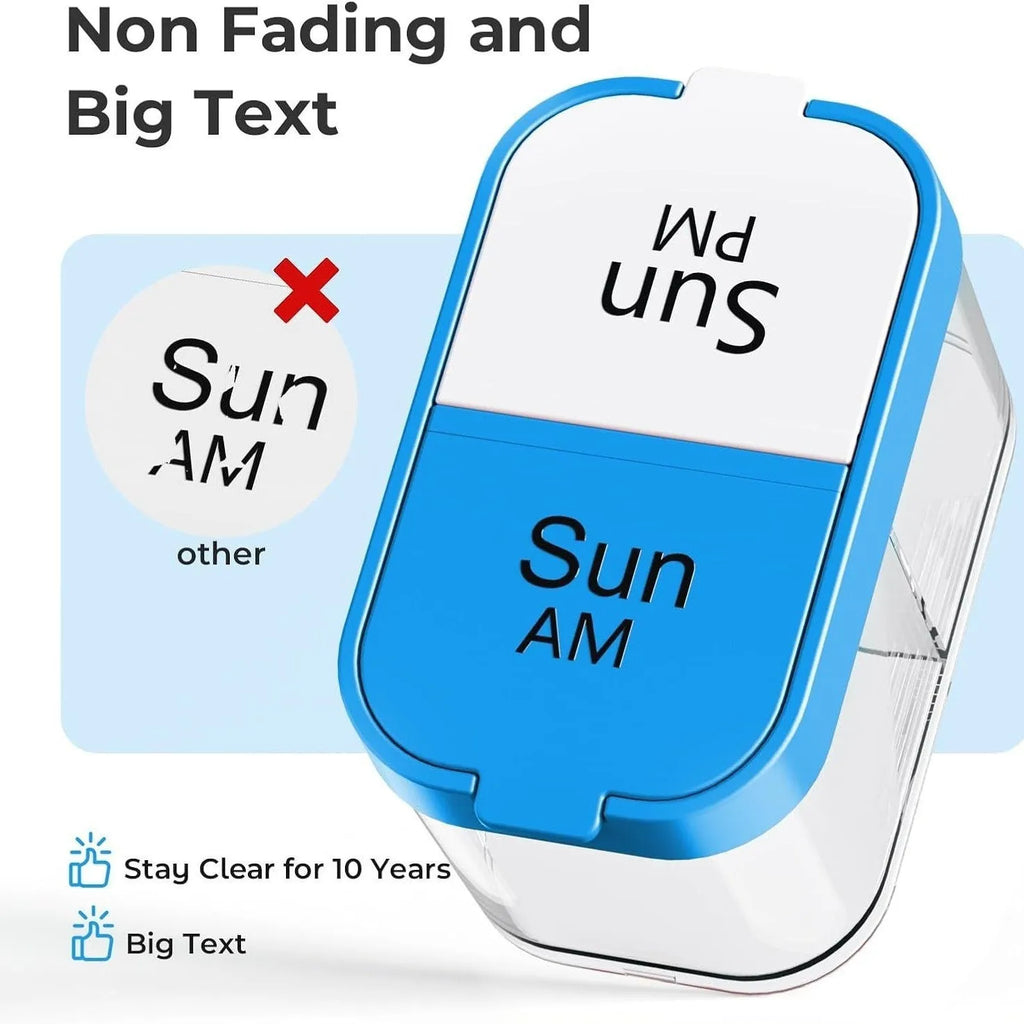 Large white and rainbow coloured plastic pill organiser box with 14 removable compartments, shown open.