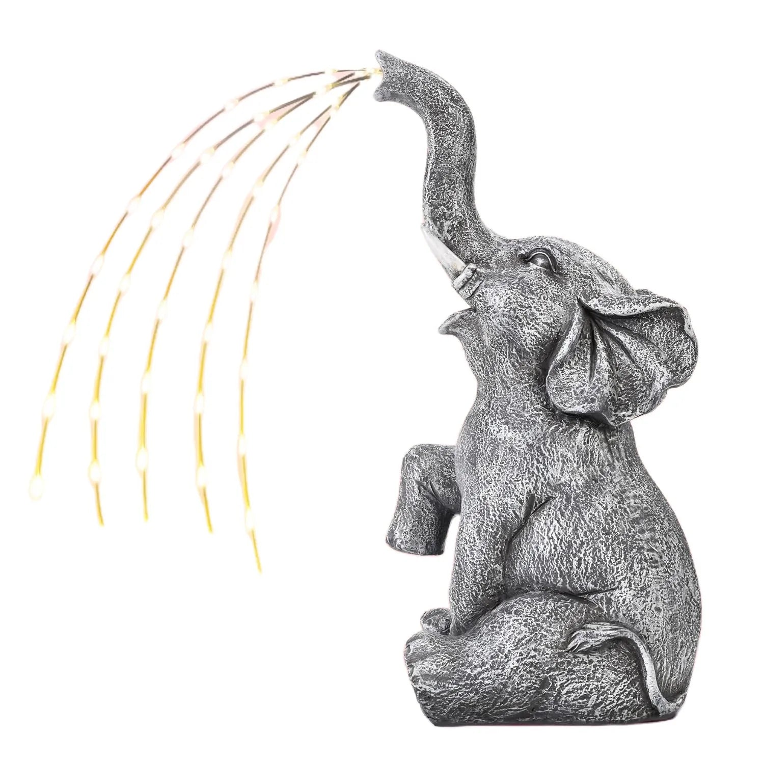 A detailed resin elephant garden sculpture with a built-in LED light strip for outdoor decoration.