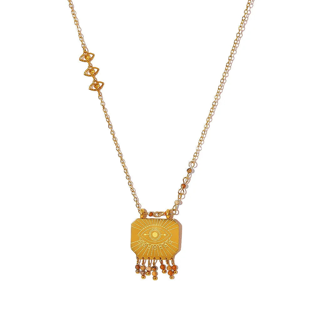 Gold retro natural stone square pendant necklace with bohemian evil eye on titanium steel chain