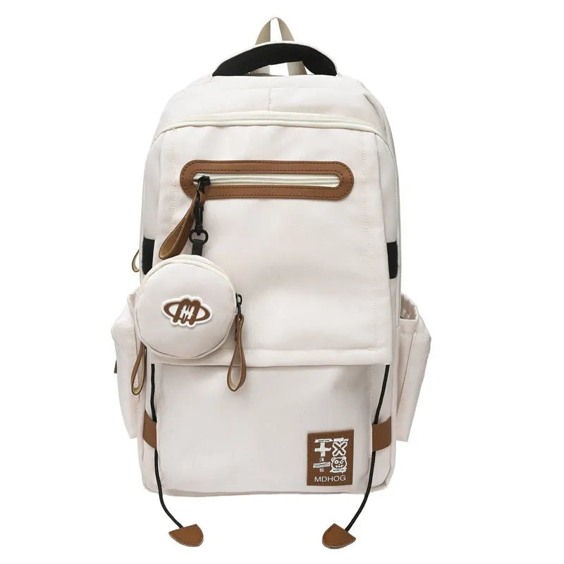 Large capacity waterproof nylon travel backpack with contrast stitching in beige colour option