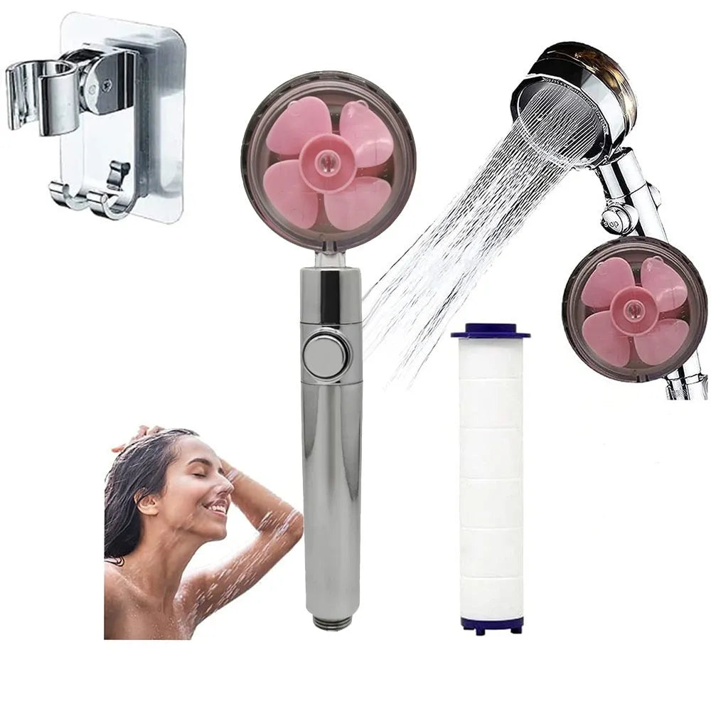 Chrome alloy turbocharged handheld shower head with stop button, five nozzles, and PP cotton filters