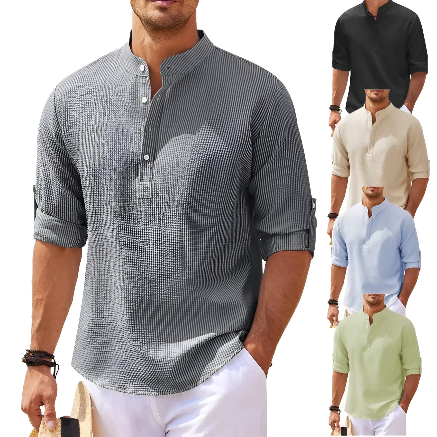 Men's stand collar pullover shirt with pineapple texture in polyester fabric, loose fit, available in multiple colours