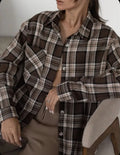 Women's dark brown retro striped long-sleeve shirt with regular fit, shown with and without a chest pocket.