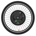 Black alloy bicycle rear wheel hub motor for electric bike conversion, shown next to a standard hub.