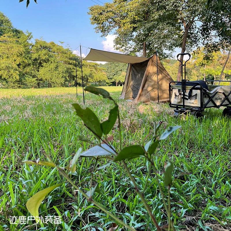Brown single-layer shelter tent for two to three people with aluminium alloy rods set up on grass