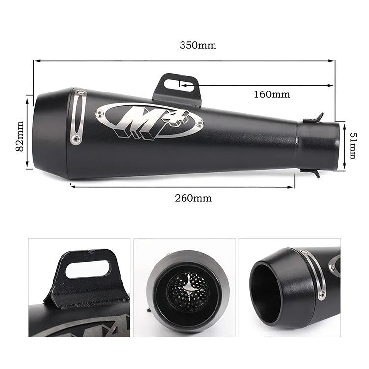 M4 universal motorcycle exhaust pipe in stainless steel, showing various finish options like black, titanium, and half blue.