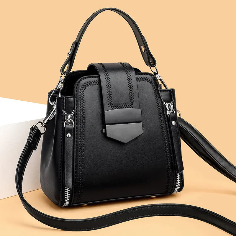 Soft PU leather women's handbag in square vertical design with sewing thread detail