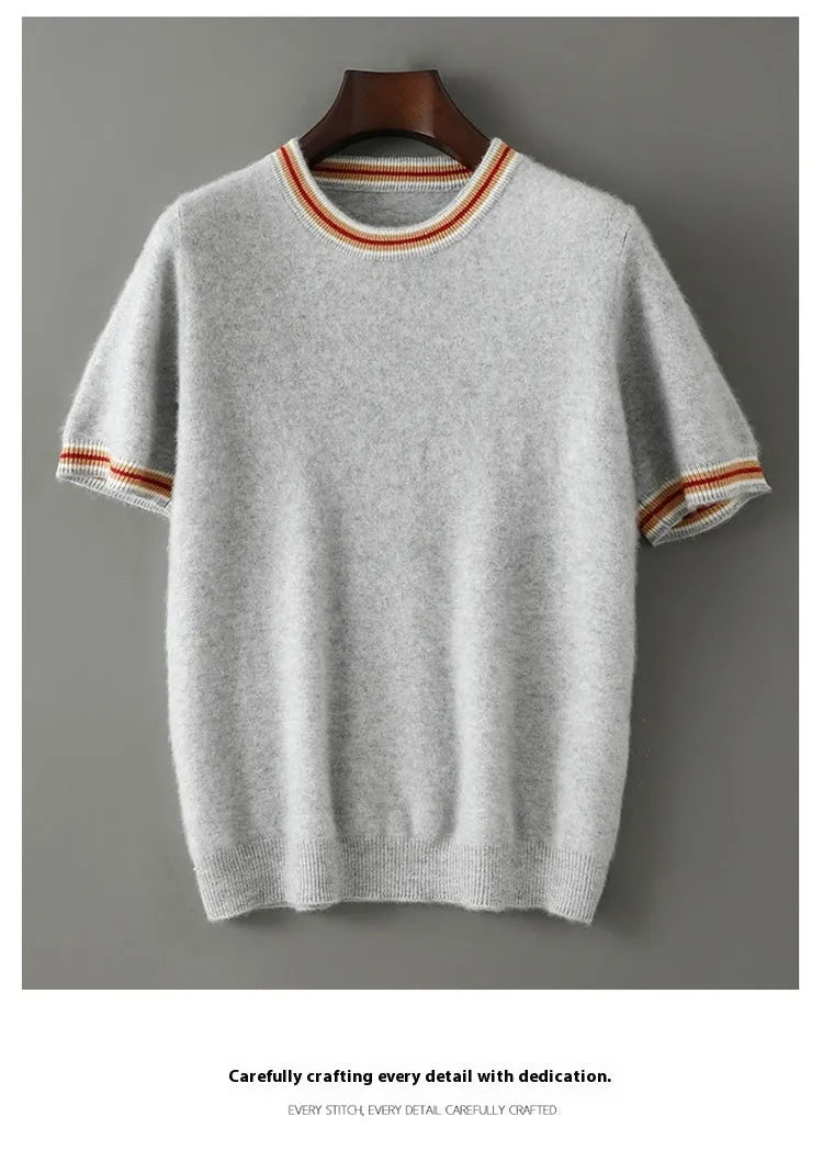 Men's grey pure wool short sleeve pullover sweater with a round neck on a hanger