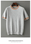 Men's grey pure wool short sleeve pullover sweater with a round neck on a hanger