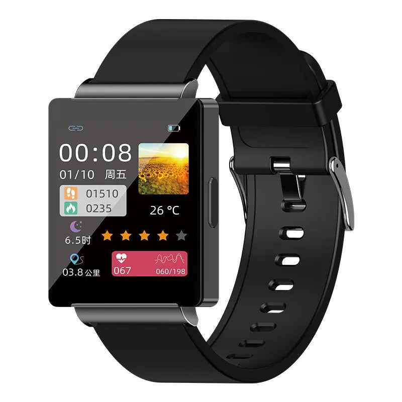 Smart watch with carbon fiber case, black TPU strap, and health monitoring, size 50mm by 36mm