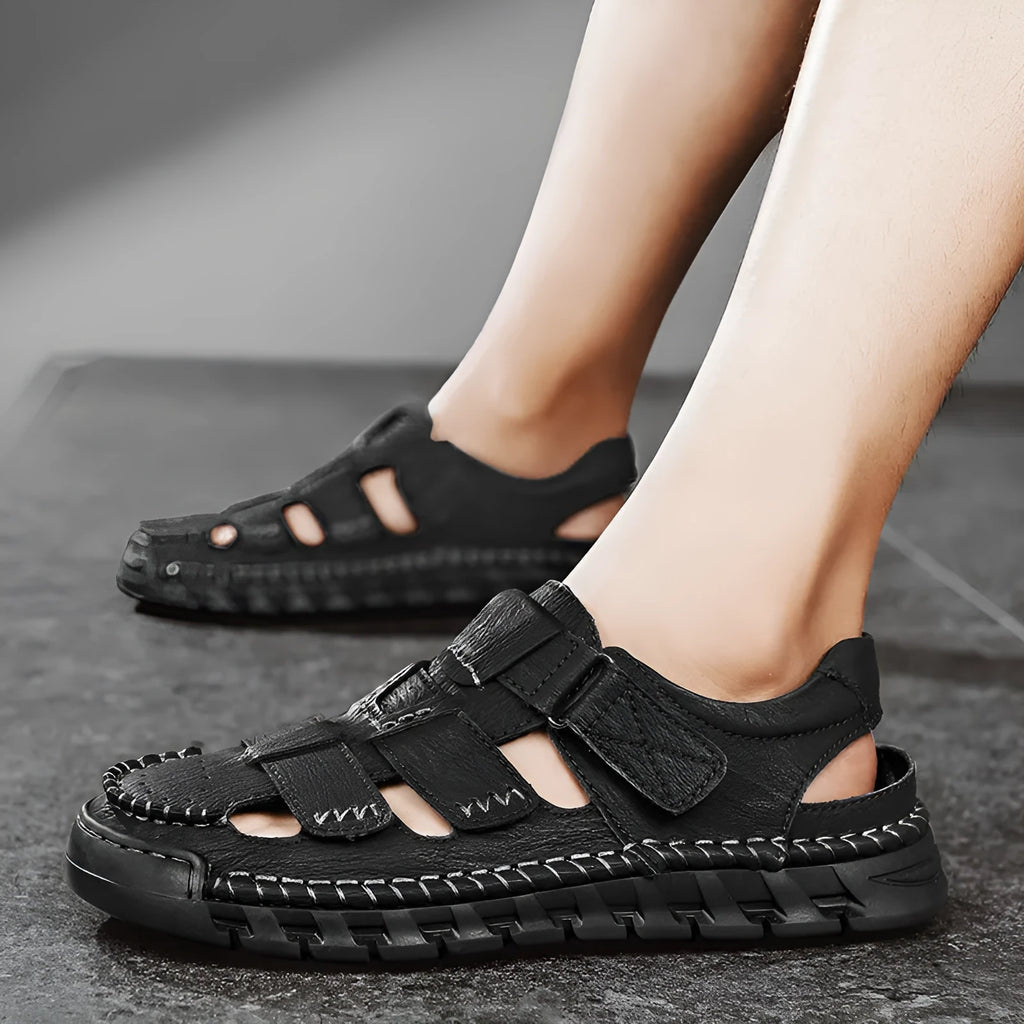 Men's brown PU leather non-slip sandals with round toe and EVA sole on a neutral background