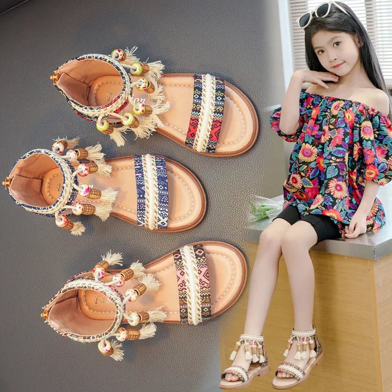 Children's Roman sandals with beaded detail, back zipper, cloth upper, black colour, retro style