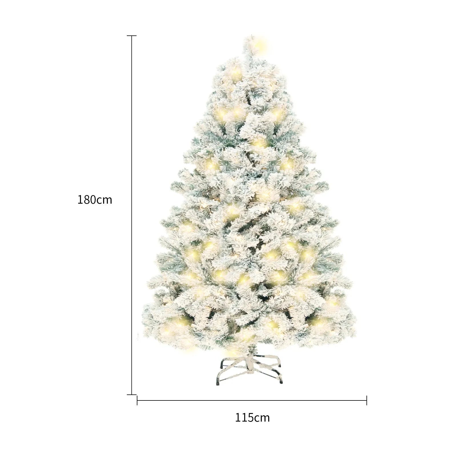Green and white snow-dusted artificial PVC Christmas tree on a metal stand.