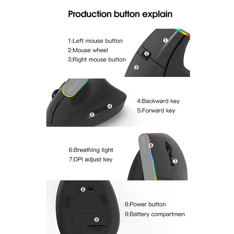 M618C black and white vertical wireless ergonomic computer mouse shown from the side.