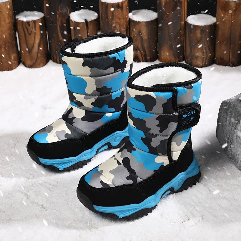 Kids high-top camouflage boots in cotton with hook and loop fastening, unisex sports style, sizes 26-38