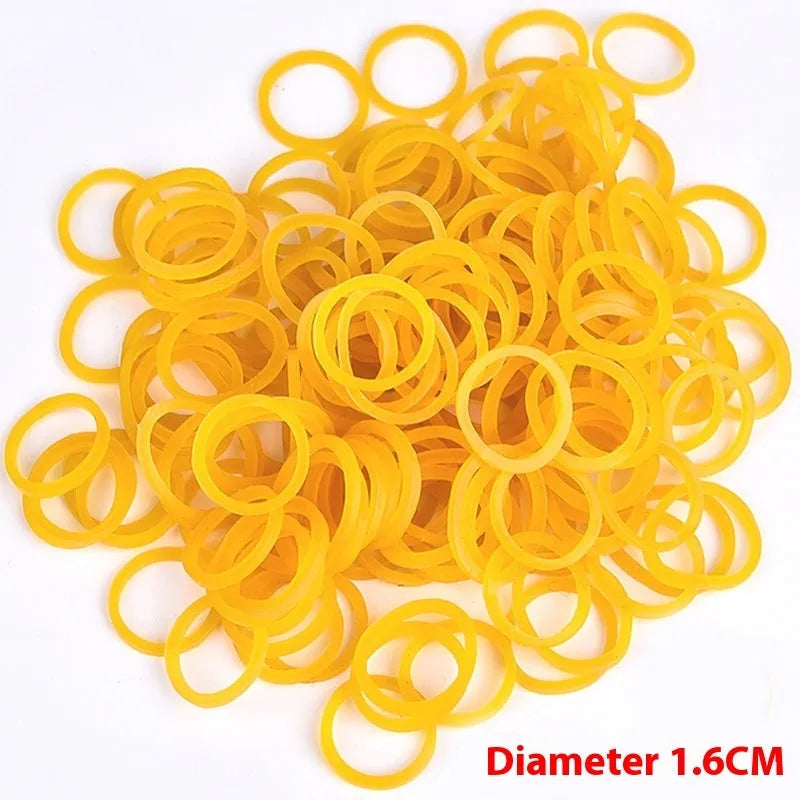 500g bundle of yellow rubber bands showing multiple diameter sizes from 16mm to 70mm