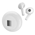 White Wireless Budz5 Bluetooth semi-in-ear headphones and their charging case on a table.