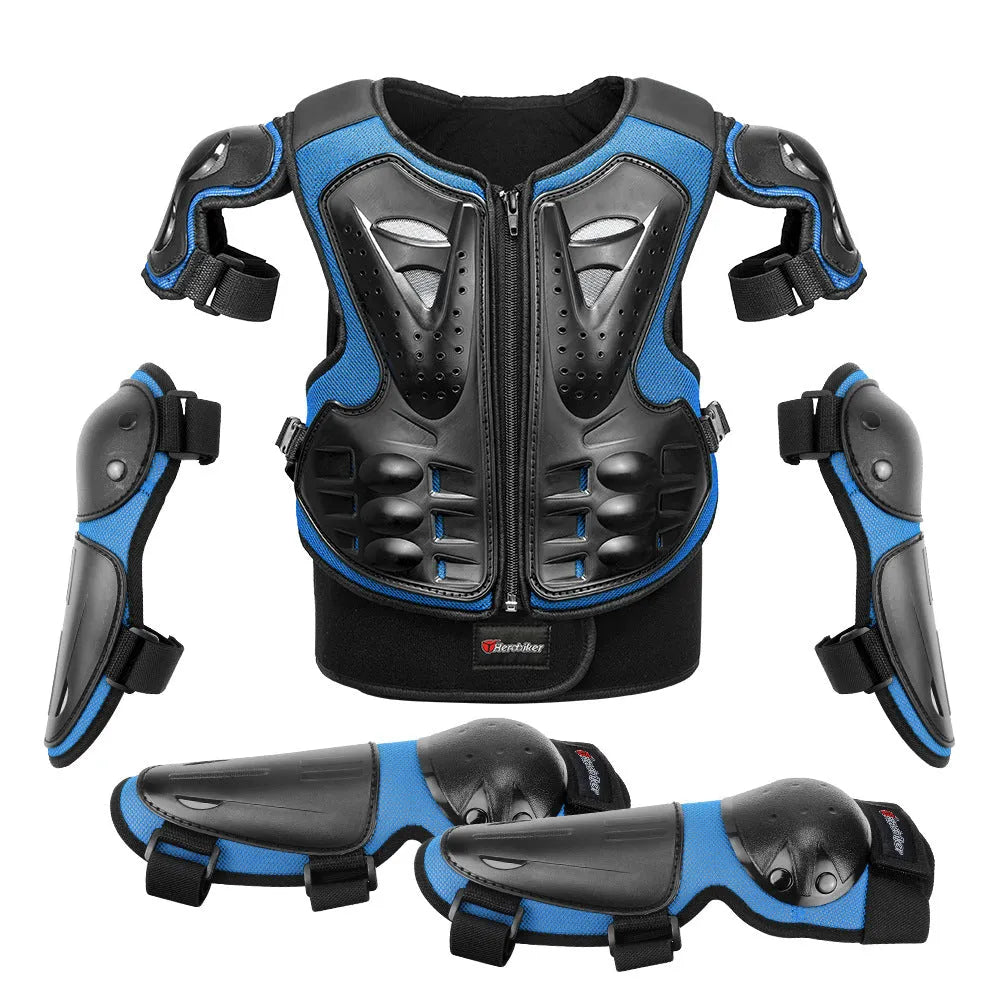 Children's five-piece motorcycle armour set in black, red, blue, orange, or green, free size