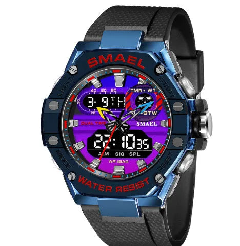 Men's digital alloy watch with 47mm dial, 50M water resistance, acrylic mirror, and steel blue strap