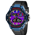 Men's digital alloy watch with 47mm dial, 50M water resistance, acrylic mirror, and steel blue strap